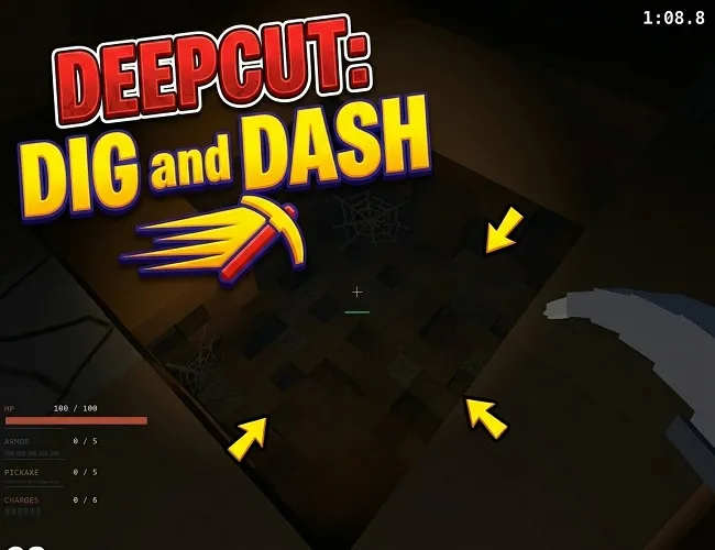 Deepcut: Dig and Dash cover art over a first-person view down a dark shaft, arrows pointing at the hole, a pickaxe and a run timer