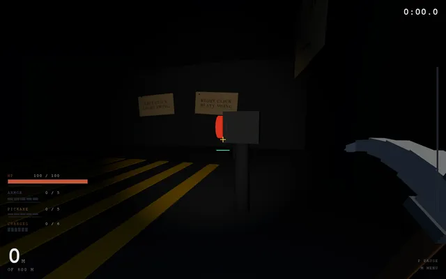 The start of a Deepcut run: a dark first-person mine entrance with signs for left click light swing and right click heavy swing, a pickaxe, HP, armor, pickaxe and charges bars, 0 m of 800 m