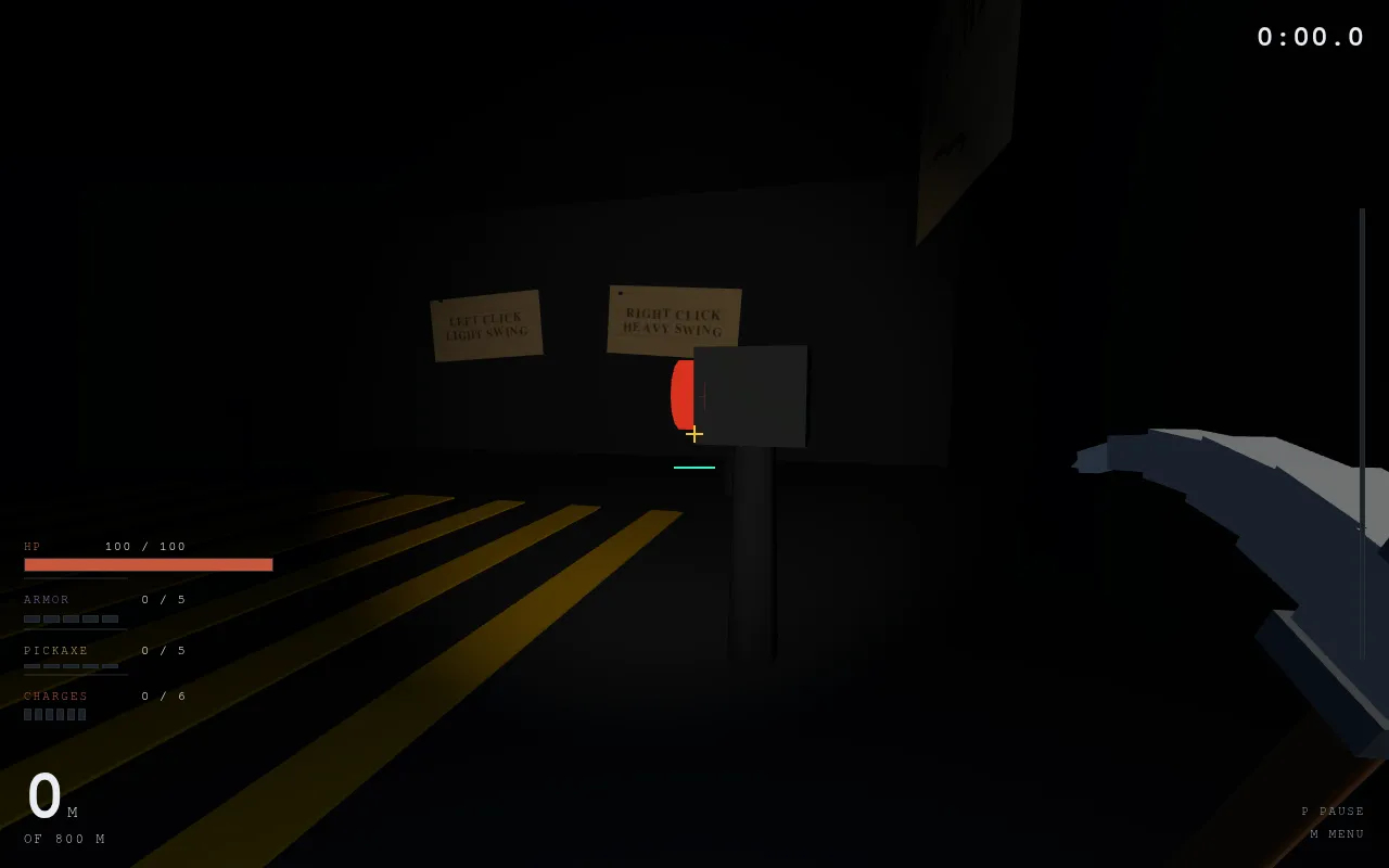 The start of a Deepcut run: a dark first-person mine entrance with signs for left click light swing and right click heavy swing, a pickaxe, HP, armor, pickaxe and charges bars, 0 m of 800 m