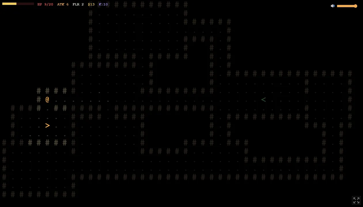 Deeper on floor 2: an ASCII dungeon of # walls and dotted floors, the @ player near the > stairs down, HP 9/20, attack 6, 13 gold and 10 kills in the top bar