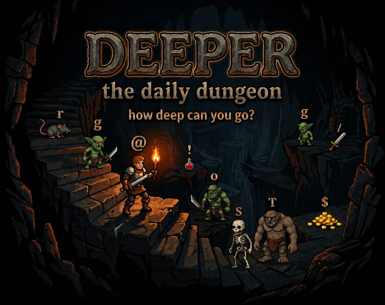 Deeper cover art: the title and the words the daily dungeon, how deep can you go, over a torch-bearing hero with a rat, goblins, an orc, a skeleton, a troll and gold