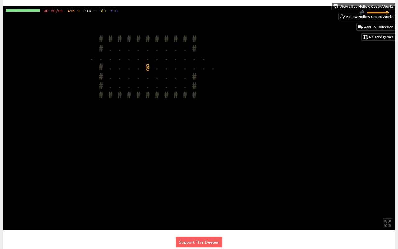 The start of a Deeper run: the orange @ in a small walled room on floor 1, with HP 20/20, attack 3, no gold and no kills