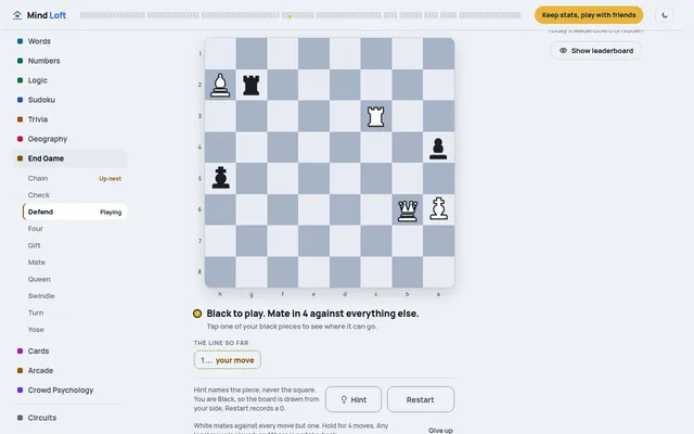 Defend Sunday Edition, 18 Oct 2026, on desktop: Black's king, rook and pawn against White's king, queen, rook and bishop, under the line Mate in 4 against everything else