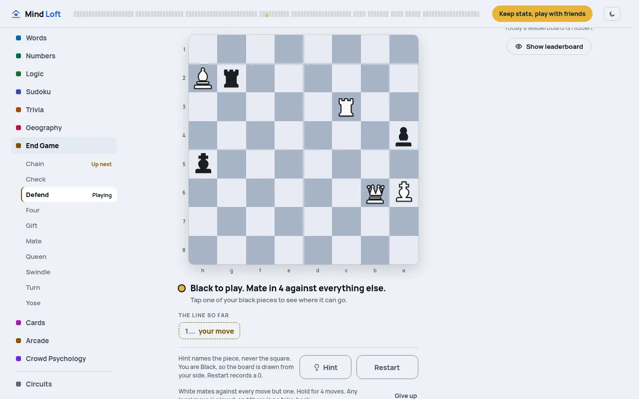 Defend Sunday Edition, 18 Oct 2026, on desktop: Black's king, rook and pawn against White's king, queen, rook and bishop, under the line Mate in 4 against everything else