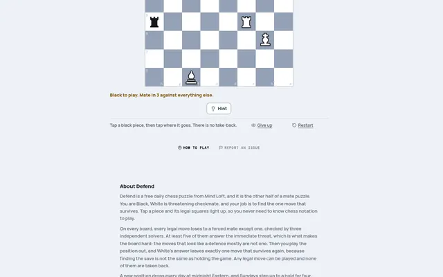 Defend board on mindloftdaily.com: a chess position with a black rook against a white rook, king and bishop, and the line Black to play, mate in 3 against everything else
