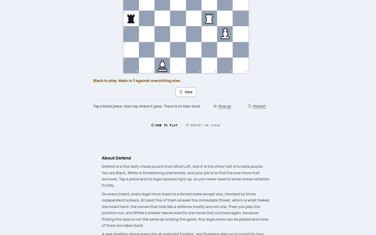Defend board on mindloftdaily.com: a chess position with a black rook against a white rook, king and bishop, and the line Black to play, mate in 3 against everything else