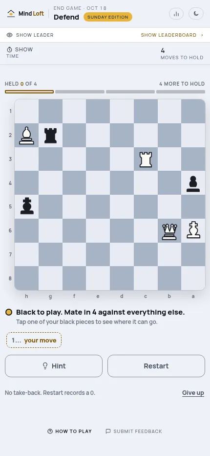 Defend at phone size: the same 18 October board under a Held 0 of 4 progress bar, with Hint and Restart buttons below