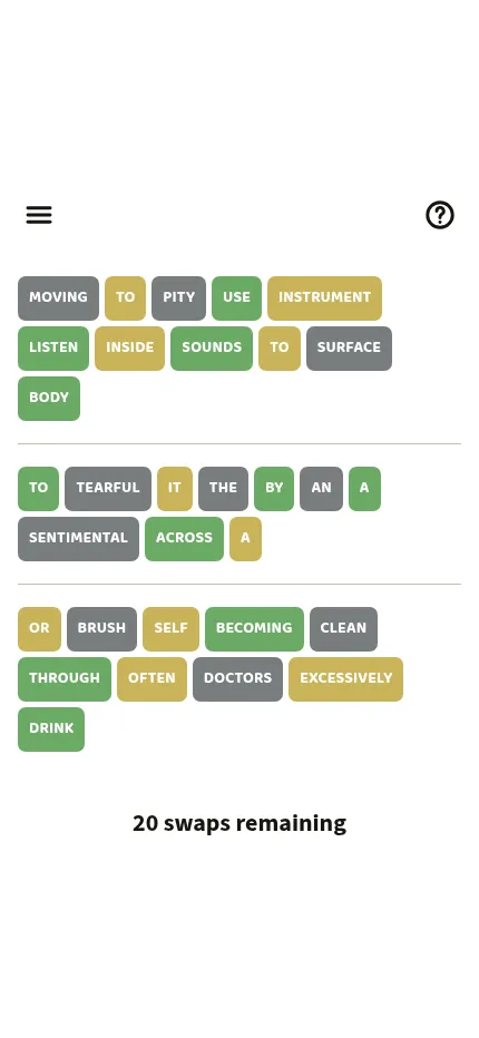 The same Definitions board at phone size: three rows of coloured word tiles and 20 swaps remaining