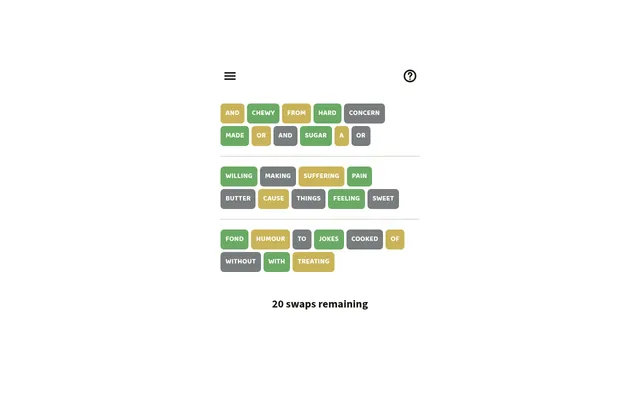 A Definitions daily puzzle: three rows of shuffled words such as CHEWY, SUGAR, SUFFERING and HUMOUR in green, yellow and grey, with 20 swaps remaining
