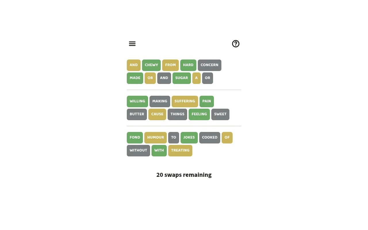 A Definitions daily puzzle: three rows of shuffled words such as CHEWY, SUGAR, SUFFERING and HUMOUR in green, yellow and grey, with 20 swaps remaining