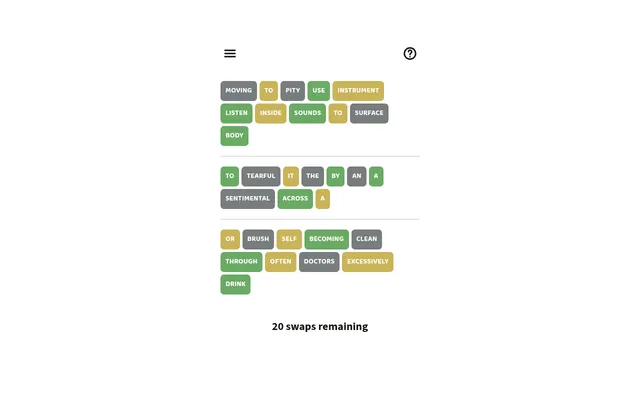 Today's Definitions board on desktop: three rows of shuffled word tiles such as LISTEN, SOUNDS, BODY and TEARFUL in green, orange and grey, with 20 swaps remaining
