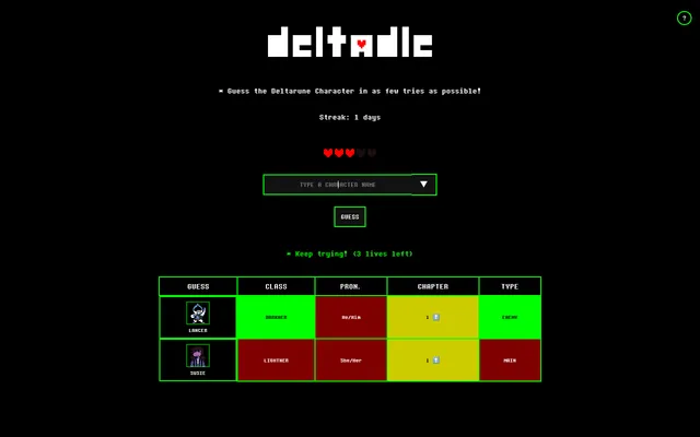 Deltadle Solo board on 25 October 2026: Lancer and Susie guessed, class, pronoun, chapter and type cells in green, yellow and red, three hearts left