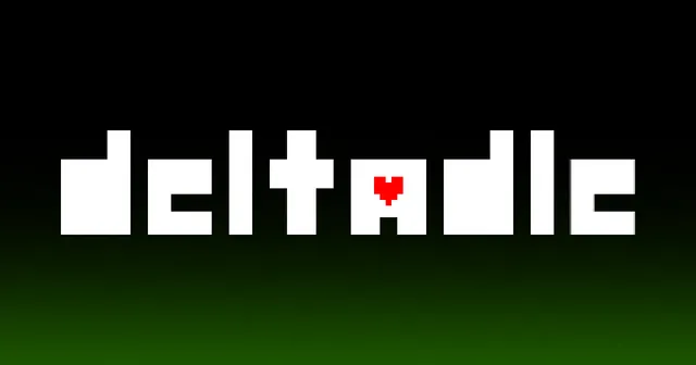 The Deltadle wordmark in white block letters with a red pixel heart, over a black to green fade
