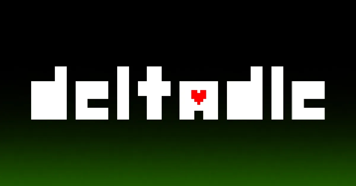 The Deltadle wordmark in white block letters with a red pixel heart, over a black to green fade