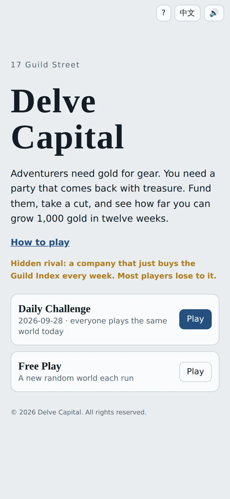 Delve Capital title screen with the Daily Challenge for 2026-09-28, everyone plays the same world today, above Free Play