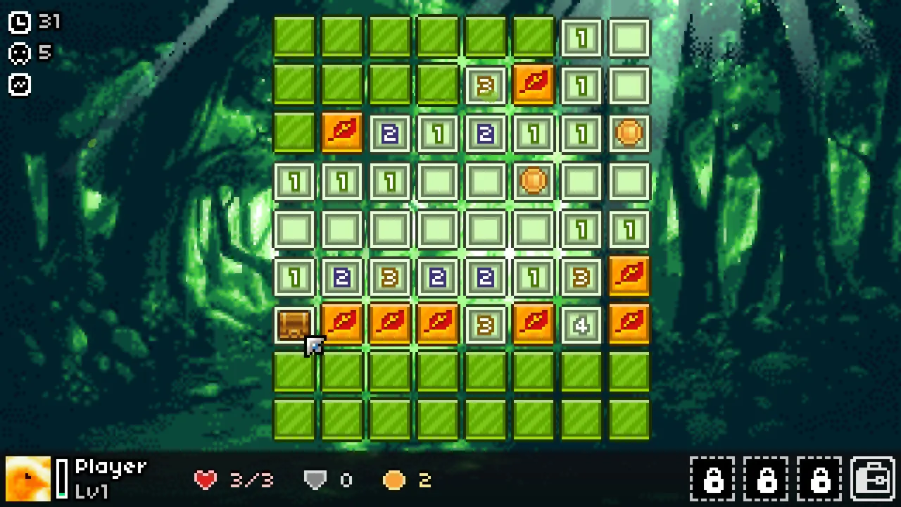 DemonCrawl stage: a minesweeper grid of numbered tiles in a green forest, with health, armour and coins below