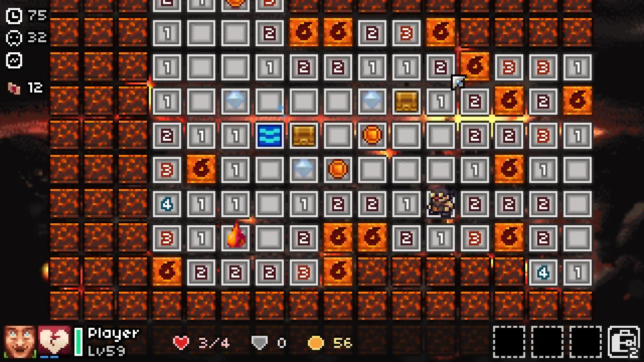 DemonCrawl lava stage: numbered stone tiles with flame-marked mines and chests around the hero at level 59