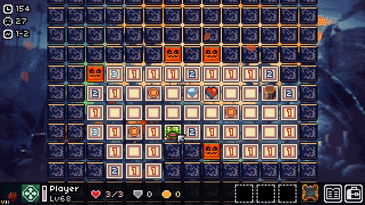 DemonCrawl board at night: numbered tiles and flagged pumpkin mines, with coins and a heart to collect beside the hero