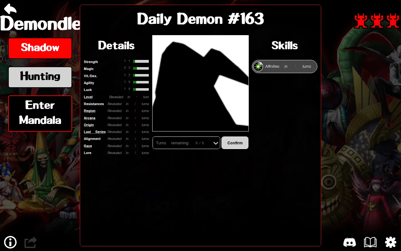 Demondle Daily Demon #163: a black silhouette with Strength, Magic, Vitality, Agility and Luck bars, details revealed in later turns and six turns remaining