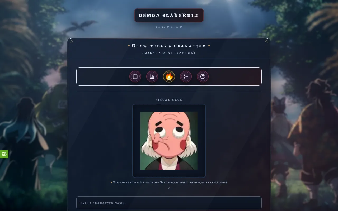 Demon Slayerdle Image mode showing the day's character portrait as the visual clue above the name box