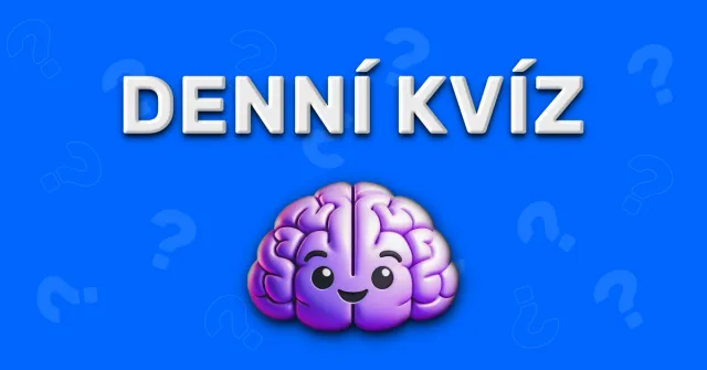 The Denní kvíz card: a cartoon brain on a blue background with question marks