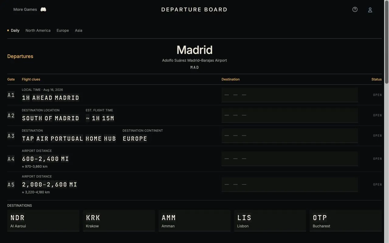 FlightQ's own screenshot of a Departure Board from Madrid: five gates of clues and the destinations Al Aaroui, Krakow, Amman, Lisbon and Bucharest