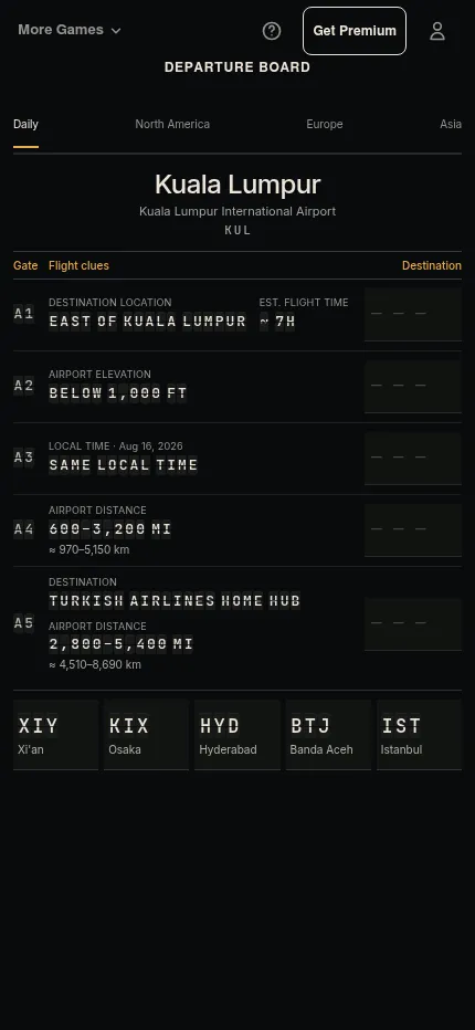 Departure Board at phone size: the Kuala Lumpur board with five clue gates and the destination tray of Xi'an, Osaka, Hyderabad, Banda Aceh and Istanbul