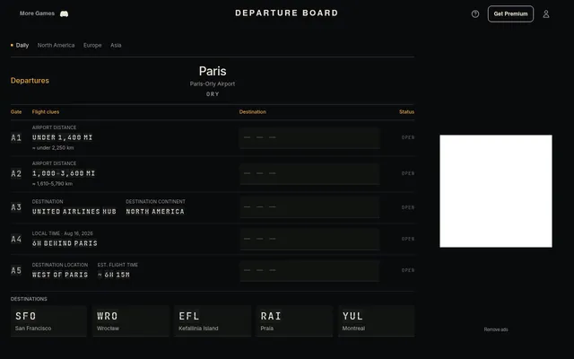 Departure Board for Paris-Orly: five gates of flight clues such as under 1,400 miles, United Airlines hub in North America and 6h behind Paris, above the destinations SFO, WRO, EFL, RAI and YUL