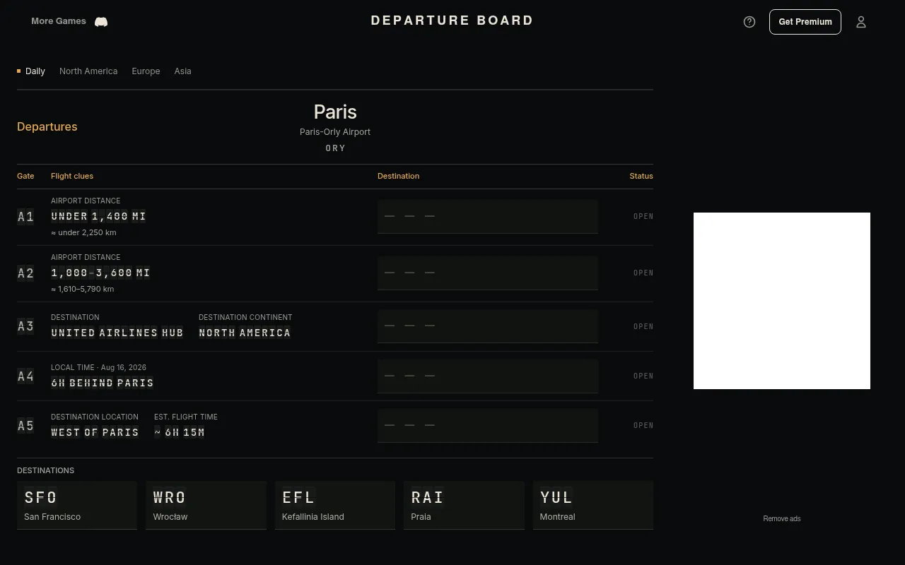 Departure Board for Paris-Orly: five gates of flight clues such as under 1,400 miles, United Airlines hub in North America and 6h behind Paris, above the destinations SFO, WRO, EFL, RAI and YUL
