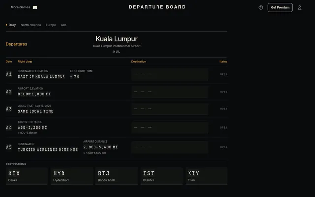 Departure Board for Kuala Lumpur on 21 Oct 2026: five gates of clues such as Turkish Airlines home hub and same local time, above KIX, HYD, BTJ, IST and XIY