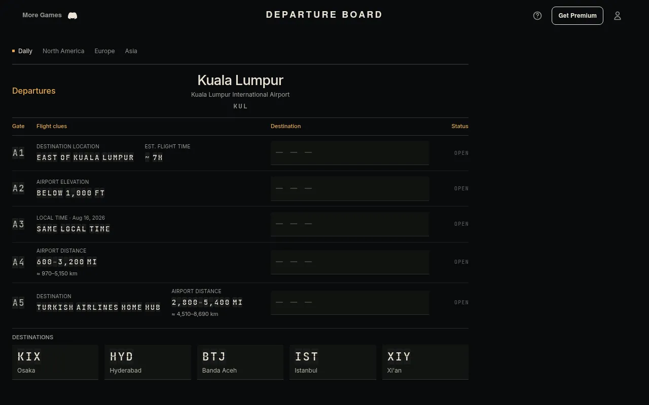 Departure Board for Kuala Lumpur on 21 Oct 2026: five gates of clues such as Turkish Airlines home hub and same local time, above KIX, HYD, BTJ, IST and XIY