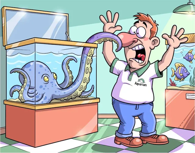 The 2 October 2026 picture, Polvo amigável: a cartoon octopus in a tank grabbing the nose of a startled aquarium worker
