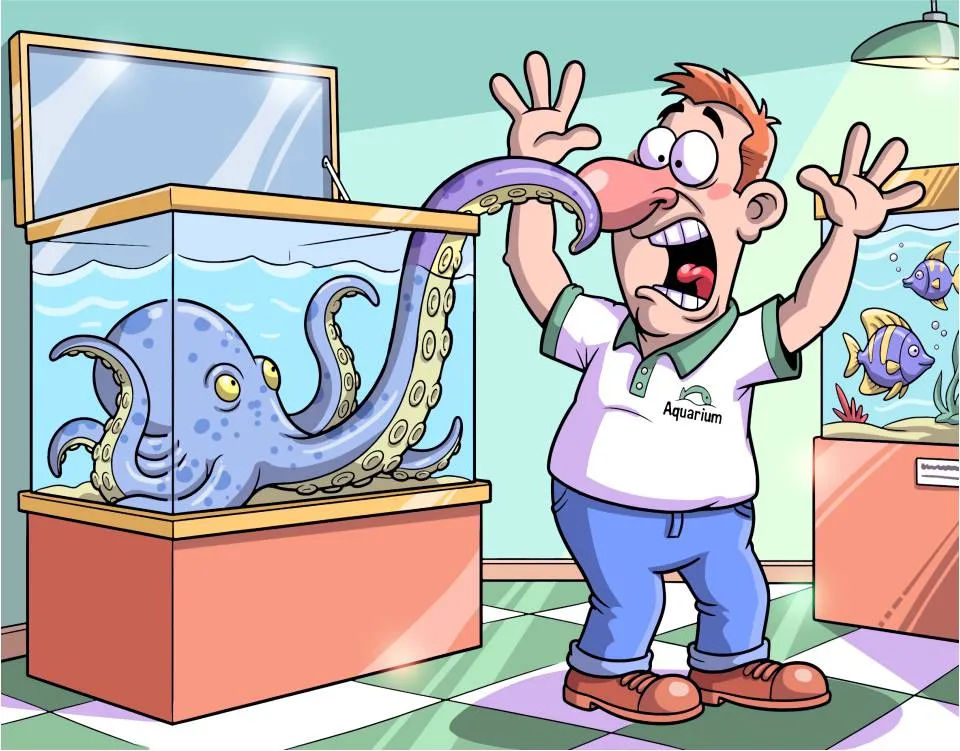 The 2 October 2026 picture, Polvo amigável: a cartoon octopus in a tank grabbing the nose of a startled aquarium worker