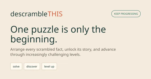 The descrambleTHIS share card: One puzzle is only the beginning, with the words solve, discover and level up