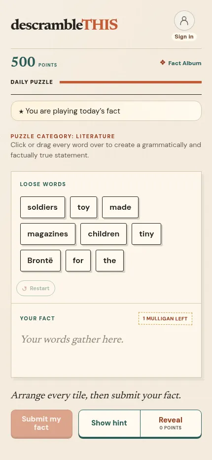descrambleTHIS daily puzzle at phone size: Literature word tiles above the Your fact area and the Submit and hint buttons