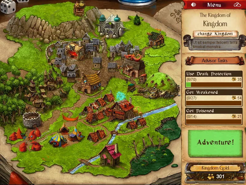 The Desktop Dungeons kingdom map with buildings, advisor tasks and the Adventure button