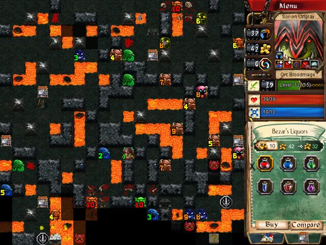 A Desktop Dungeons run: a single-screen lava dungeon full of numbered monsters, with the orc bloodmage's stats and a potion shop on the right