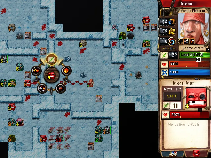 An ice dungeon in Desktop Dungeons with a gnome wizard choosing a spell from a ring of glyphs