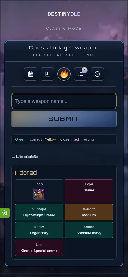 DESTINYDLE Classic mode at phone size after one guess, Adored, its six hints wrapped two to a row under the guess box