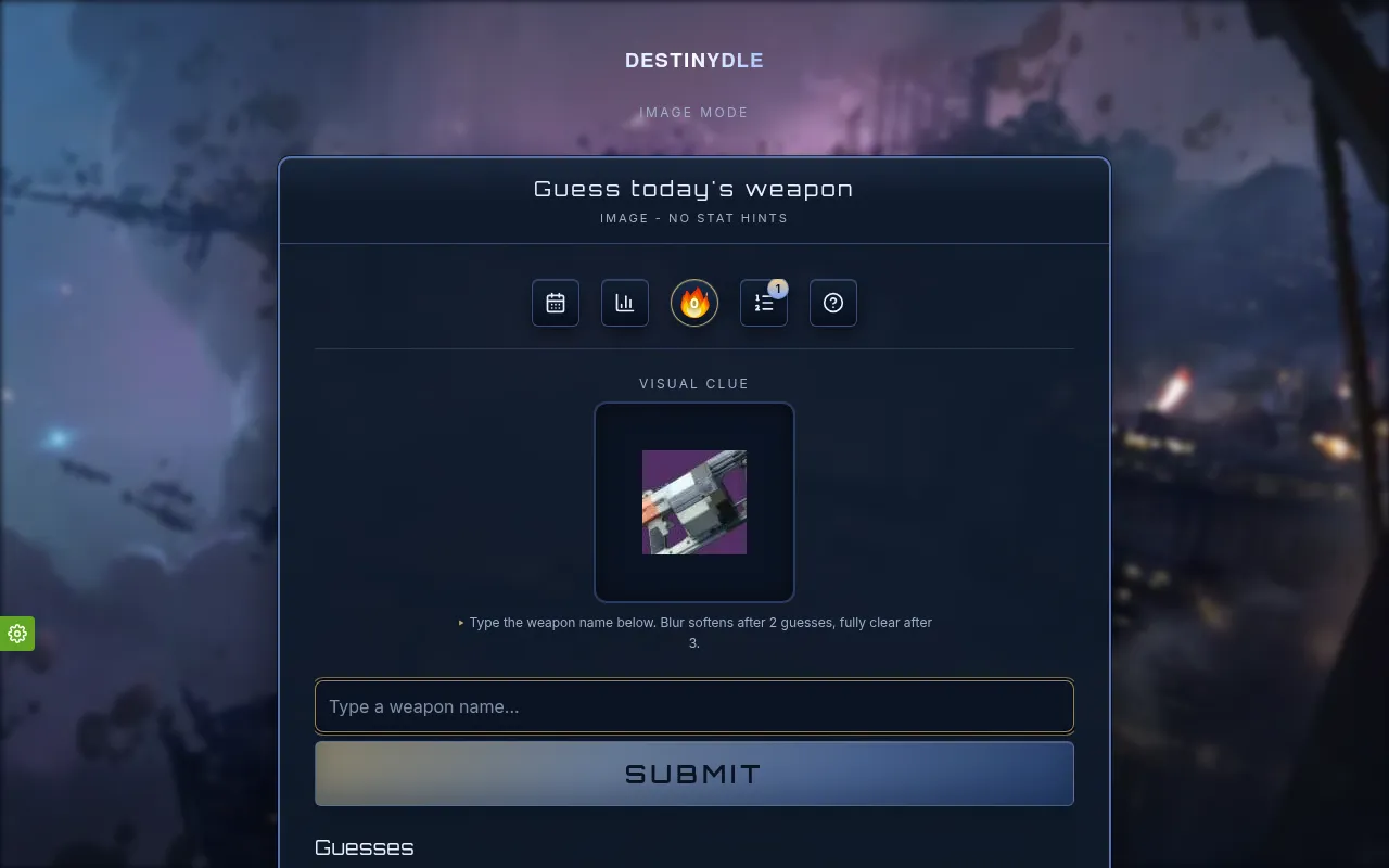 DESTINYDLE Image mode: a visual clue box with a close crop of the day's Destiny 2 weapon above the weapon name box and Submit button