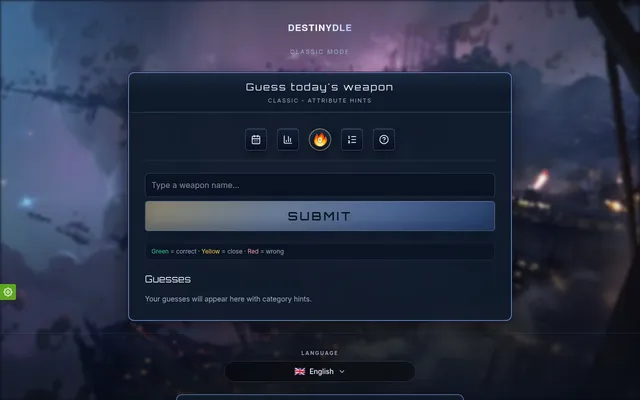 DESTINYDLE's Classic mode before the first guess: a Guess today's weapon panel with a weapon name box, a Submit button and the colour key for the hints