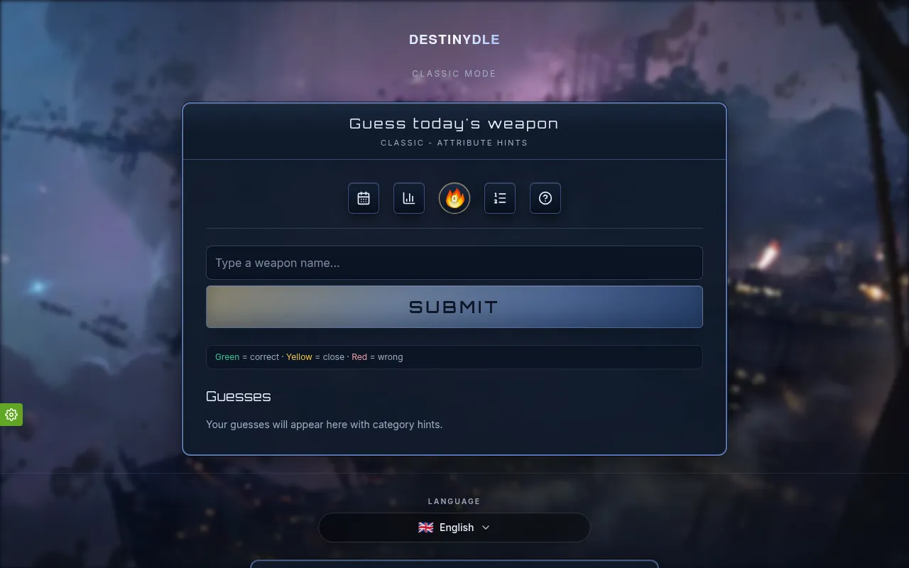 DESTINYDLE's Classic mode before the first guess: a Guess today's weapon panel with a weapon name box, a Submit button and the colour key for the hints