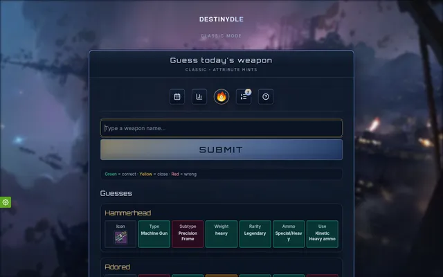 DESTINYDLE Classic mode on 26 October 2026 after two guesses, Hammerhead and Adored, each shown as a row of type, subtype, weight, rarity, ammo and use hints in green, yellow and red