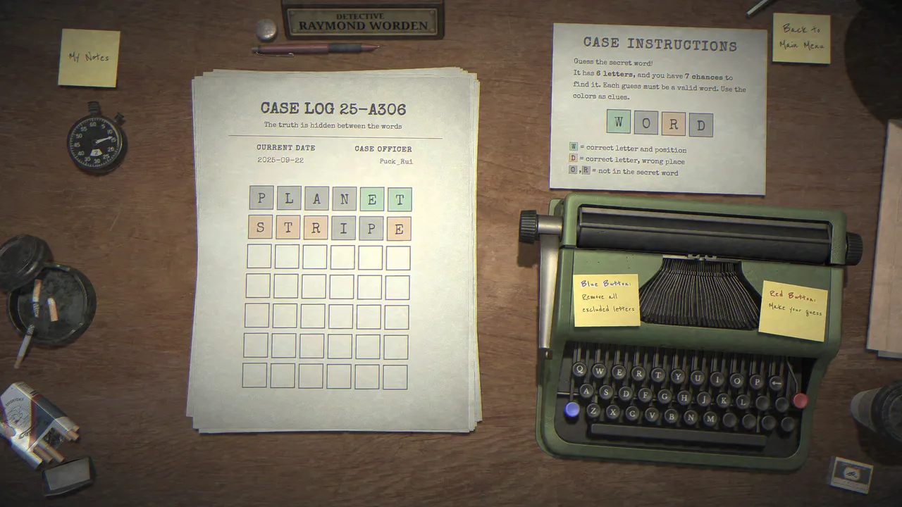 Detective Worden six-letter case log with the guesses PLANET and STRIPE coloured, beside the case instructions card and typewriter