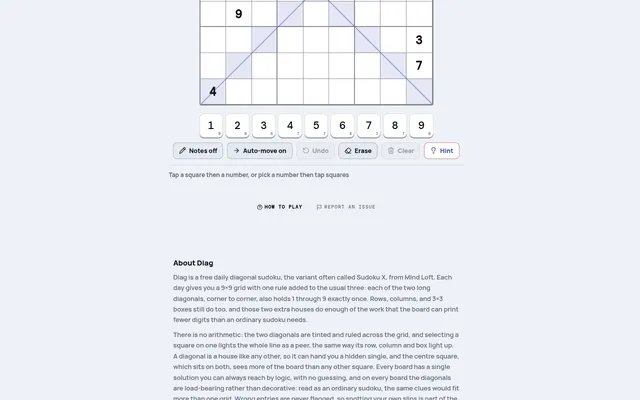 Diag on mindloftdaily.com: the lower part of a 9x9 sudoku with both long diagonals tinted and ruled across it, a few printed digits, and the number pad with Notes and Hint below