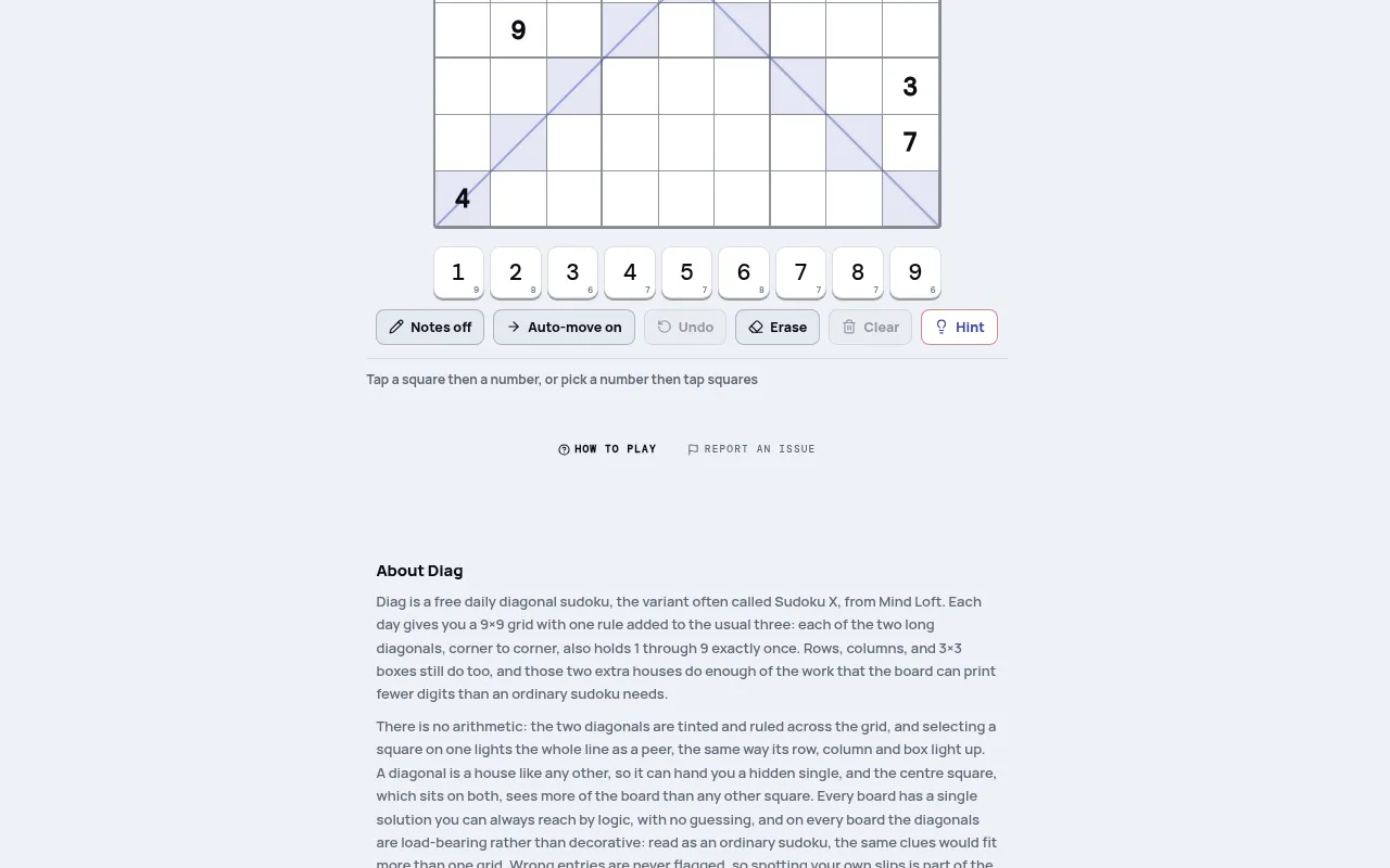 Diag on mindloftdaily.com: the lower part of a 9x9 sudoku with both long diagonals tinted and ruled across it, a few printed digits, and the number pad with Notes and Hint below