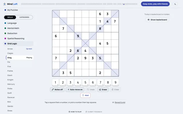 Diag on mindloftdaily.com, 21 Oct 2026: the whole 9x9 board with both long diagonals tinted and ruled, 22 printed digits, the number pad, Notes, Auto-move and Hint