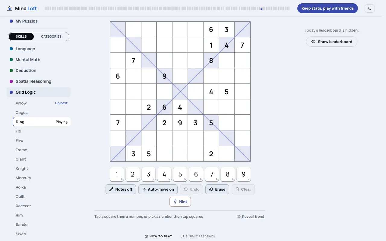 Diag on mindloftdaily.com, 21 Oct 2026: the whole 9x9 board with both long diagonals tinted and ruled, 22 printed digits, the number pad, Notes, Auto-move and Hint