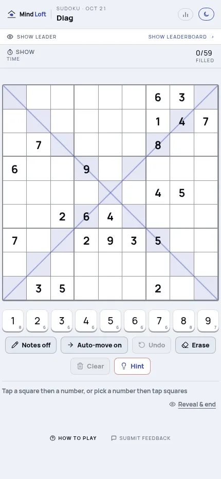 Diag at phone size on 21 Oct 2026: the full diagonal sudoku grid with 0 of 59 squares filled, the digit row and the Notes, Erase and Hint buttons below