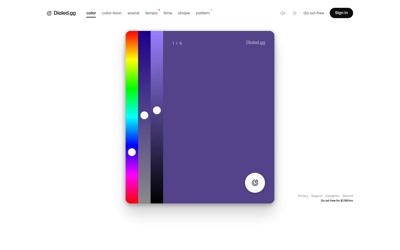 Dialed Color during the daily: hue, saturation and brightness sliders beside the purple colour being rebuilt, round 1 of 5